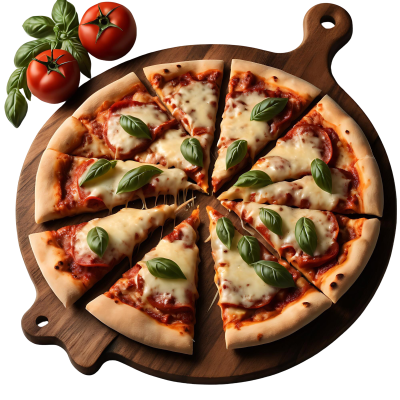 pizza-topped-with-melted-cheese-sliced-into-even-portions-presented-rustic-wooden-platter